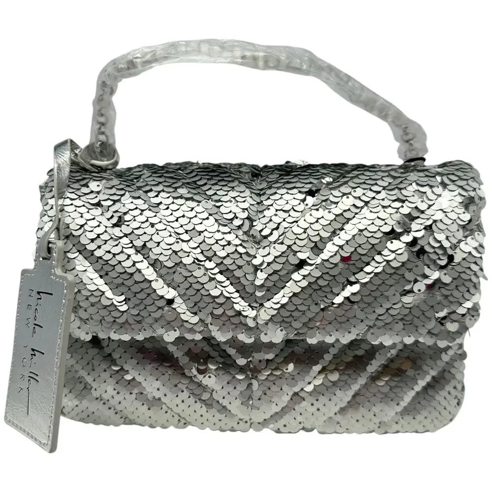 Nicole Miller Sequin Chevron Quilted Shoulder Bag Chain Crossbody Purse Puffy